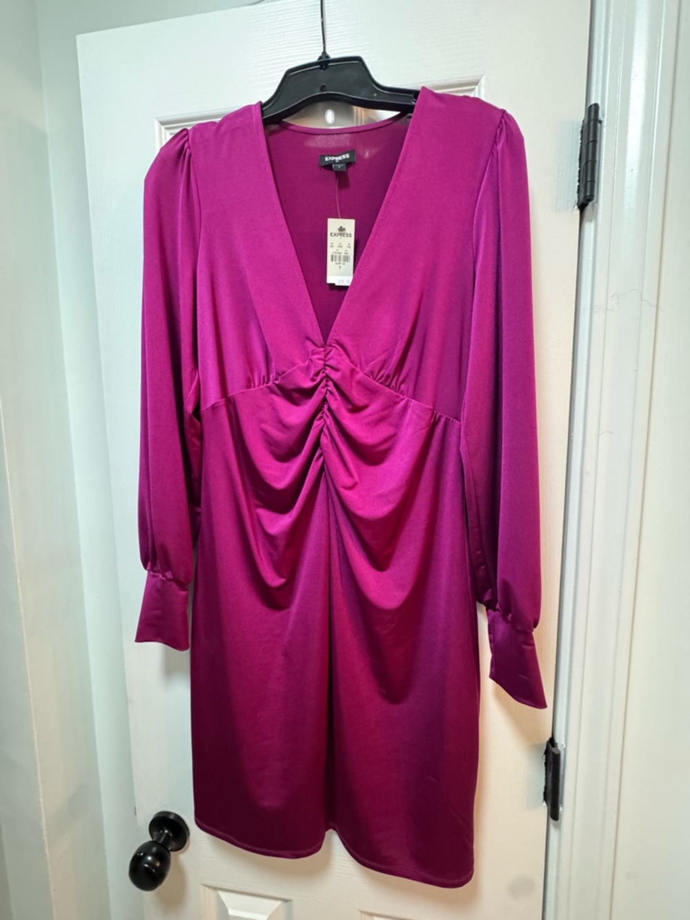 Express Purple, Deep V neck, Ruched Dress, Long Sleeves, Knee Length
